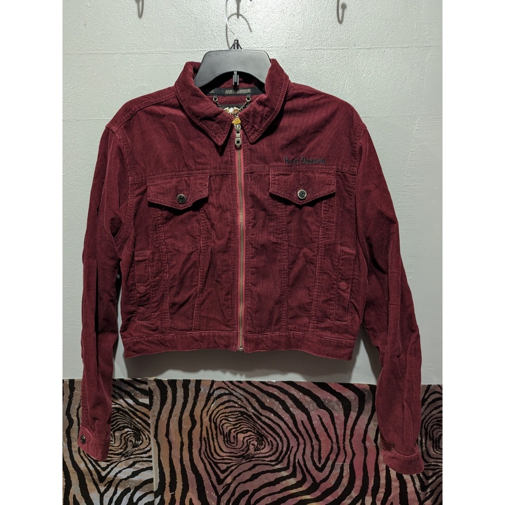 Harley Davidson motorcycle womens‎ L burgundy corduroy zipper front Jacket